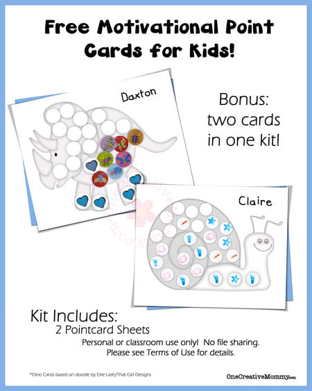 Free Point Cards for Kids {Snail and Dino} from OneCreativeMommy.com.  Let your kids know when they've done something good!