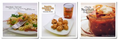 Kid-Friendly Gluten Free Recipes from OneCreativeMommy.com {Chicken Caruso, Pumpking Chocolate Chip Cookies, Chili Meatball Supper)