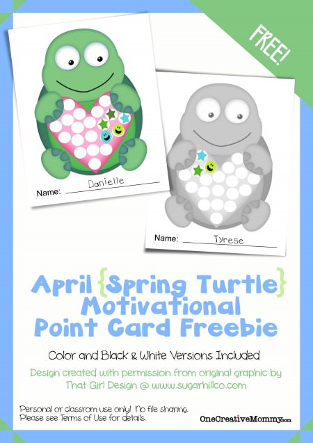 Motivational Point Cards for Kids {Spring Turtle April Freebie} Printable from OneCreativeMommy.com 