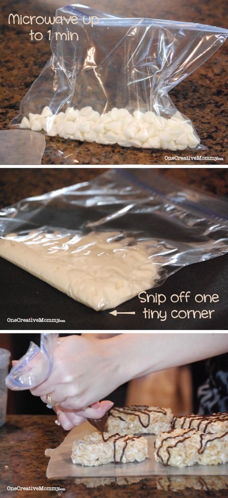 Quick and Easy Gluten Free Spring Rice Krispie Treats--Easy method for turning chocolate (or any flavor chip) into fast frosting. {OneCreativeMommy.com}