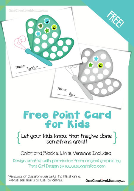 Free Point Card for Kids from OneCreativeMommy {Let your kids know when they've done something good!}  Stop by every month for a new design.