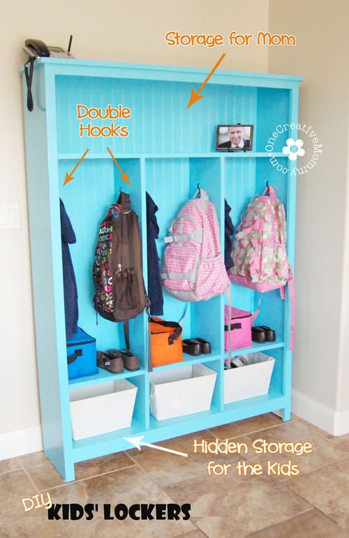 DIY Storage Lockers for Kids -- No Mudroom?  No problem! {OneCreativeMommy.com} 