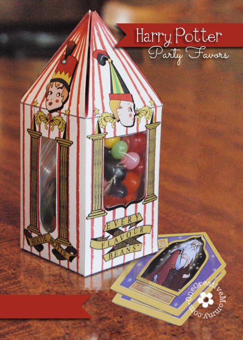 Harry Potter Party Favors from OneCreativeMommy.com {Bertie Botts Every Flavor Beans, Chocolate Frogs and Famous Witch and Wizards Cards!}