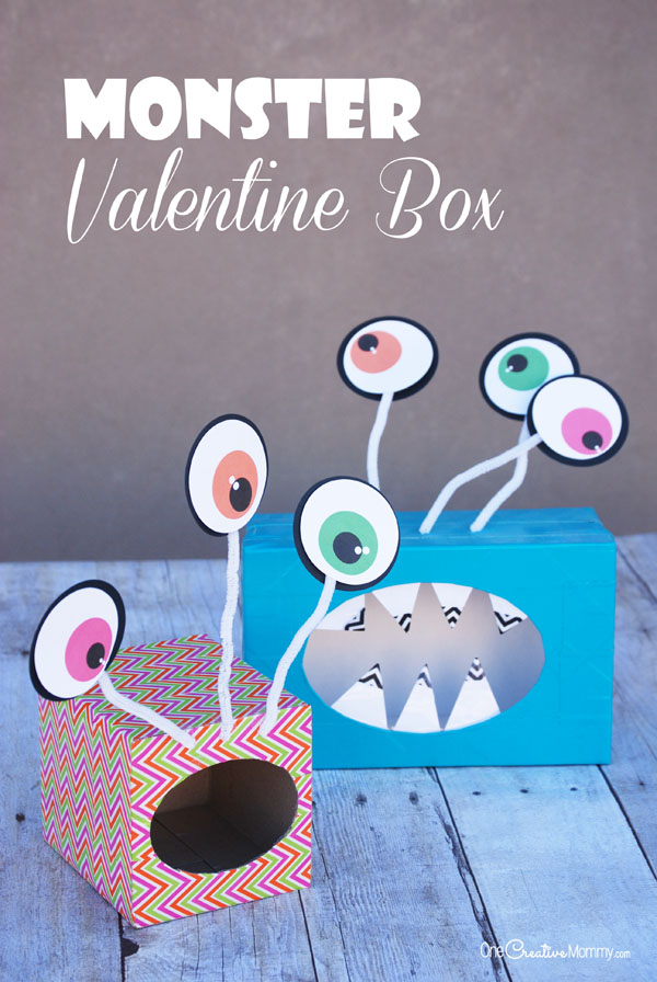 Check out these super fun and easy Monster Valentine Boxes! Can you tell what they are made out of? {OneCreativeMommy.com} Such a cute Valentine's day craft idea. Free printable eyeballs with Silhouette cutting file, too.