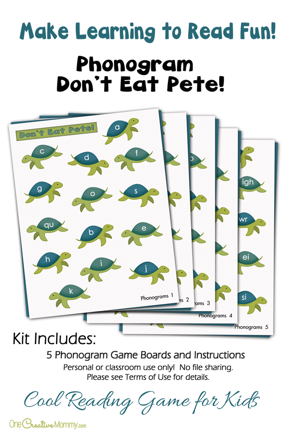 Make learning to read fun with my "Don't Eat Pete" Phonograms Reading Game! {OneCreativeMommy.com} Practicing phonograms is boring, but not with this game!