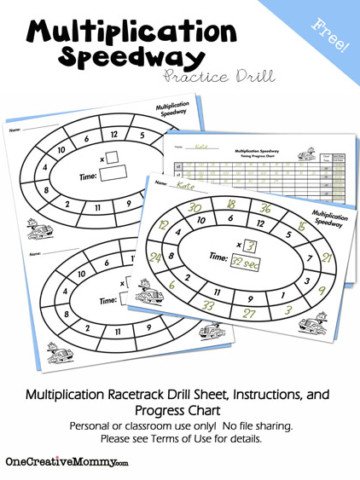 Free Multiplication Speedway Practice Drill and Progress Chart -- Make math fun and keep kids learning this summer! {OneCreativeMommy.com}