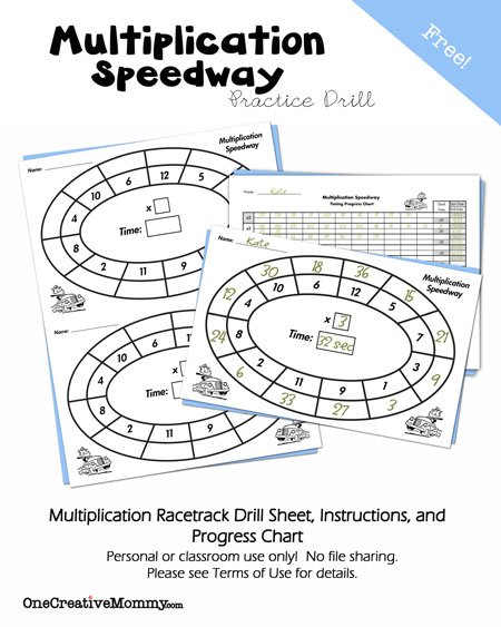 Free Multiplication Speedway Practice Drill and Progress Chart -- Make math fun and keep kids learning this summer! {OneCreativeMommy.com}