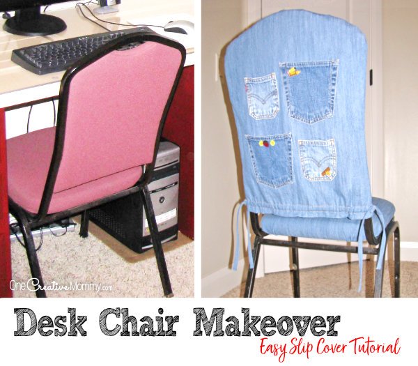 Go from boring to fun with this easy slipcover tutorial. {OneCreativeMommy.com} Desk Chair Makeover #slipcover #tutorial #seweasy