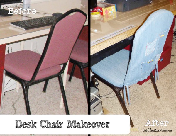 Go from boring to fun with this easy slipcover tutorial. {OneCreativeMommy.com} Desk Chair Makeover #slipcover #tutorial #seweasy