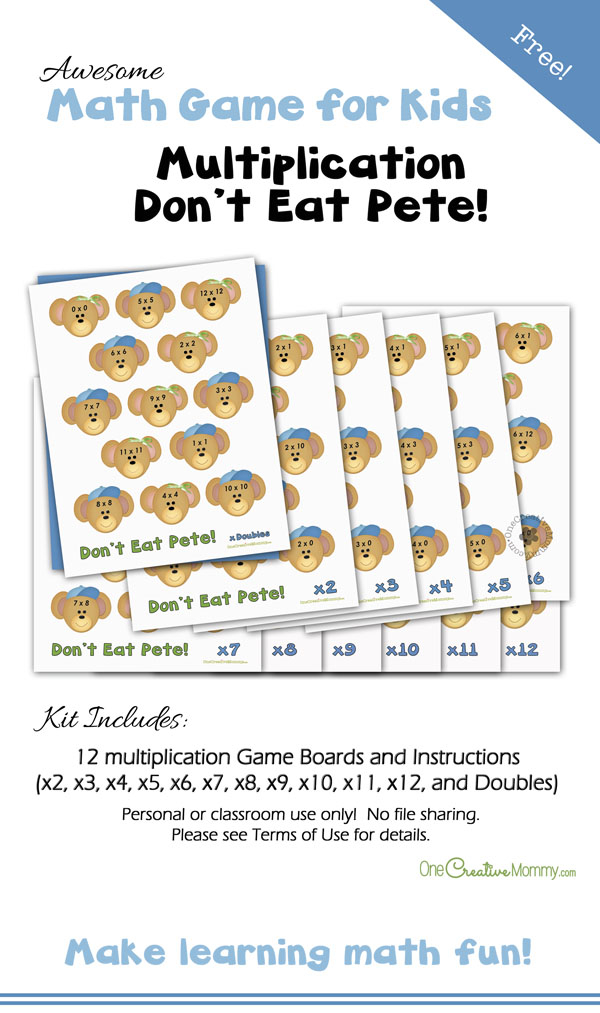 finalmente, aprender fatos de multiplicação é divertido com a multiplicação não coma Pete! {OneCreativeMommy.com} jogos de aprendizagem, prática fato Matemática