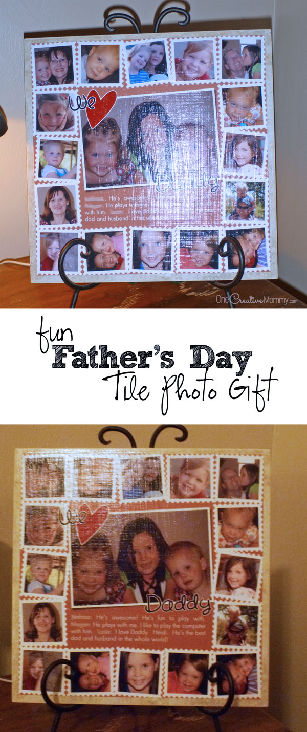 Fun Father's Day Photo Gift Idea using a floor tile and Mod Podge! {Get the tutorial on OneCreativeMommy.com}