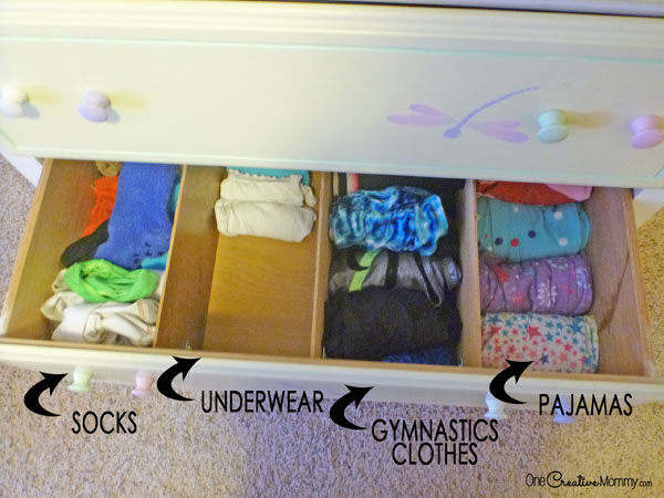 Organize those messy drawers with dividers {tutorial to make your own at OneCreativeMommy.com} Dresser organization for kids