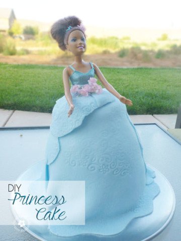 DIY Princess Cake Tutorial -- Use a blond barbie, and you've got an Elsa Frozen Cake! {Tutorial from OneCreativeMommy.com}