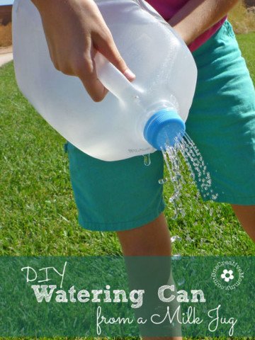 Recycle a milk jug into a watering can for the garden with the simple tutorial from OneCreativeMommy.com!
