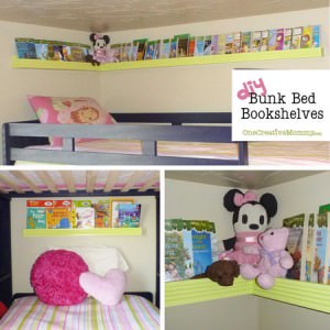 DIY Pocket/Front-Facing Bookshelves for Bunk Beds {OneCreativeMommy.com}  Keep the books off the floor and right where the kids can find them!  #bookshelf #organization