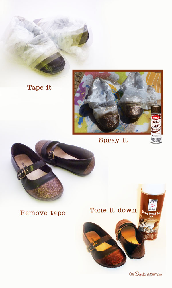 DIY Shoe Repair -- How to Repair Shoes {Don't throw out your little girl's scuffed shoes, give them a new life with glitter and Mod Podge!} OneCreativeMommy.com