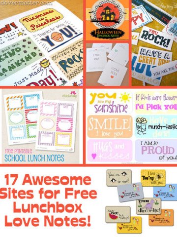 Since we could all use a little love when we are away from home, here's a collection of 17 awesome sites for free Lunchbox Love Notes and Jokes.  I am so excited to share all of these great ideas!  I absolutely love all of them.  I like to give my kids (and my hubby) a note from home to remind them that they are loved.  In the past few months, I have collected freebie after freebie, and I thought you might like to collect them too!  Here are some of the best that I have found.  Enjoy!