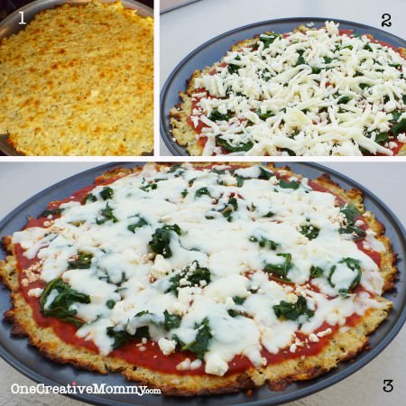 Gluten Free Cauliflower Crust Pizza with Feta and Swiss Chard--Low Carb! {OneCreativeMommy.com}