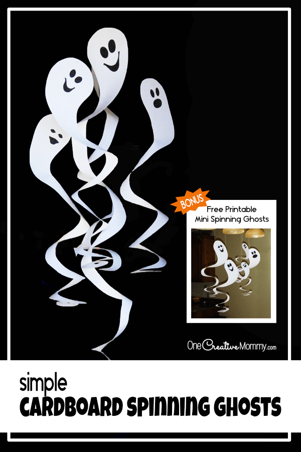 These cardboard spinning ghosts are such a quick and easy decorating idea for Halloween -- and they are so cheap to make! {OneCreativeMommy.com} #halloweendecor #frugal #ghosts