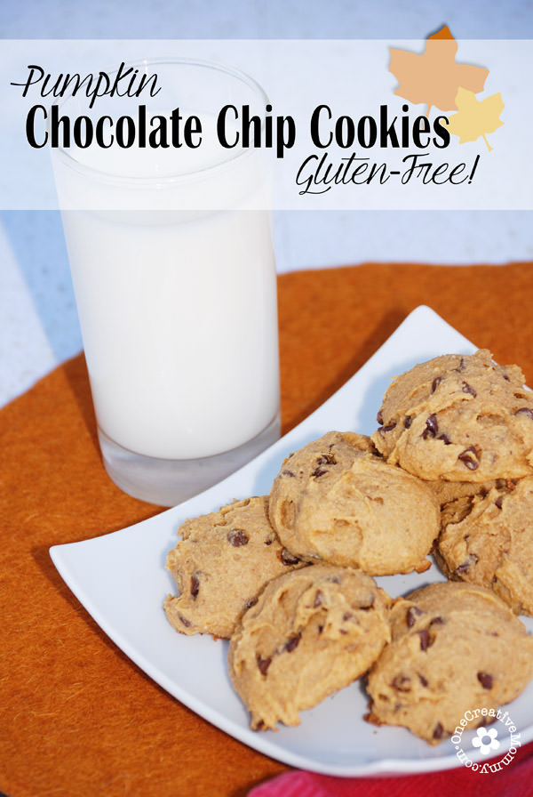 Best Gluten Free Pumpkin Chocolate Chip Cookies! {I took these to school, and the kids gobbled them up!} OneCreativeMommy.com #glutenfree #pumpkincookies