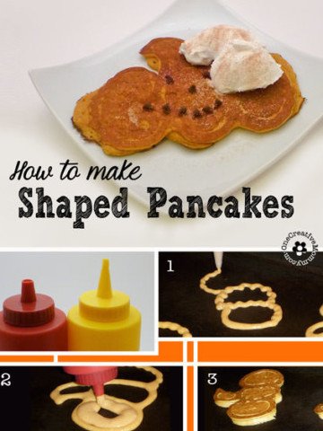 How to Make Shaped Pancakes {OneCreativeMommy.com} Pumpkin Shaped Pancakes are perfect for Fall!