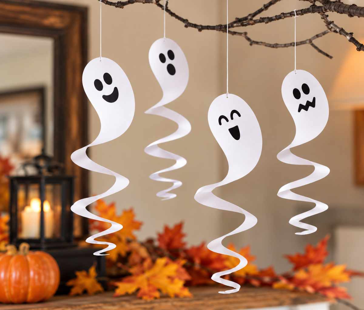 Mini paper spinning ghosts hanging from a branch for an easy Halloween kids craft