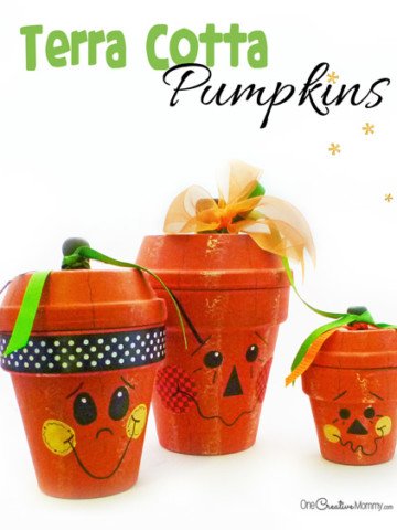 Love these cute Terra Cotta Pumpkins! Use them as Jack O'Lanterns for Halloween, or turn them around for plain pumpkins for Fall. {OneCreativeMommy.com}