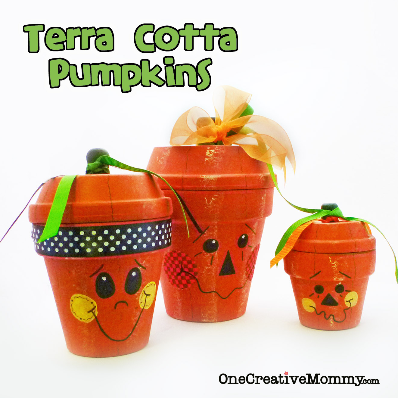 Love these cute Terra Cotta Pumpkins! Use them as Jack O'Lanterns for Halloween, or turn them around for plain pumpkins for Fall. {OneCreativeMommy.com}