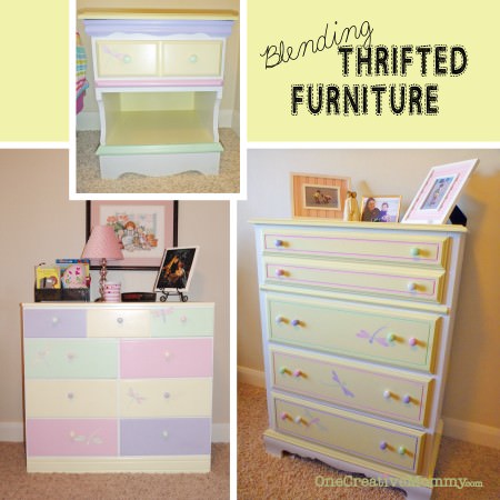 Blending Thrifted Furniture With Color--A coat of paint, matching knobs and fun details help blend mismatched furniture