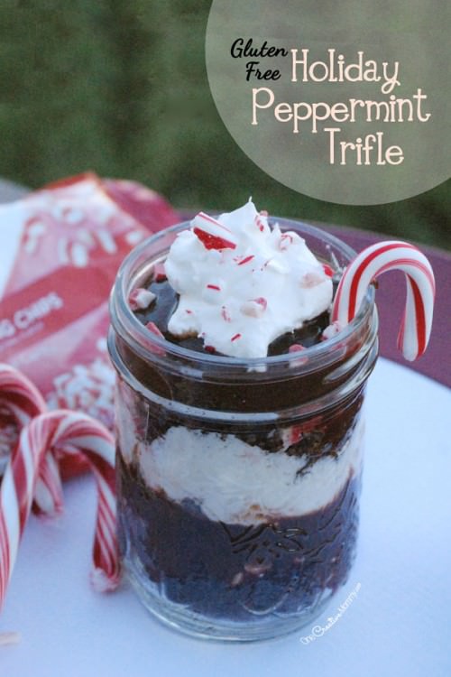 Gluten Free Peppermint Chocolate Trifle Cups {Freeze small portions so that you always have a Gluten Free treat to take to holiday parties} Christmas Dessert from OneCreativeMommy.com