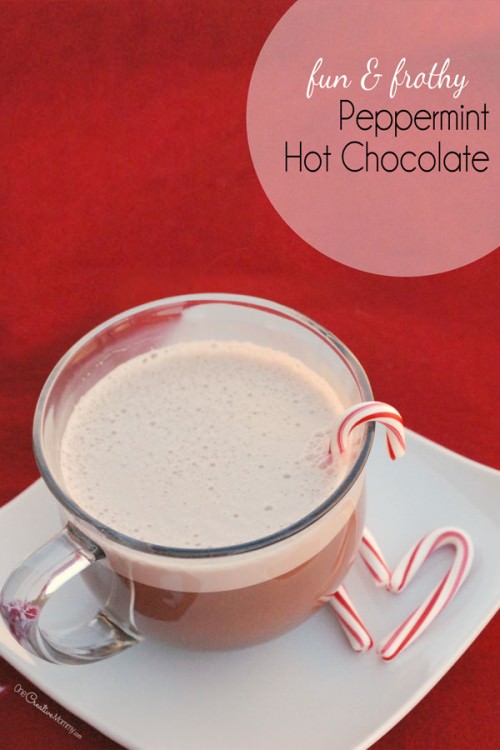 DIY Peppermint Hot Chocolate from OneCreativeMommy.com--mix it in Blendtec for a fun and frothy treat! {Candy Cane Christmas Treat Recipe}