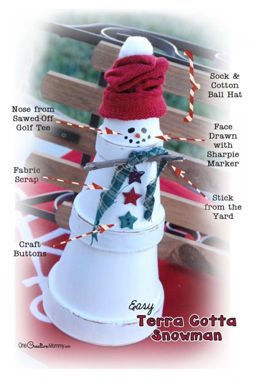 Quick and Easy Terra Cotta Snowman Craft from OneCreativeMommy.com {Christmas Decor & Craft}