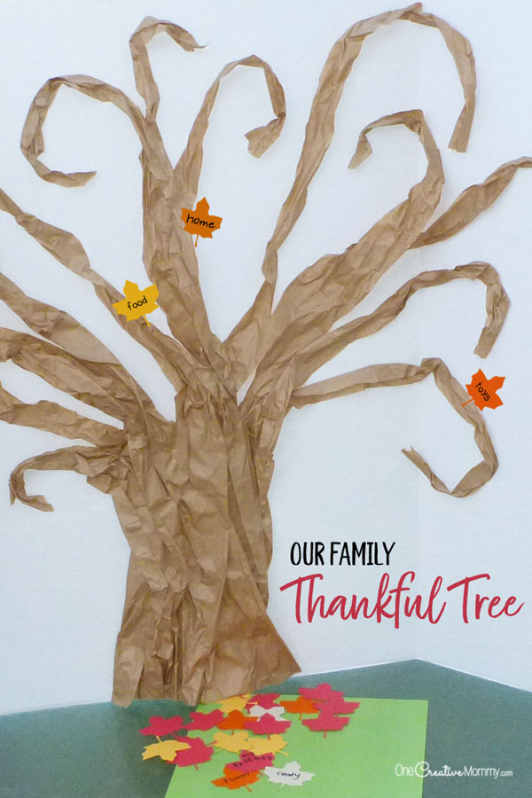 Our Thankful Tree--A new family tradition {This easy tree is made from free packing material!} {OneCreativeMommy.com} #thanksgiving #familytraditions #thankful #familytree