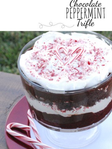 Easy Holiday Chocolate Peppermint Trifle Recipe {Use your favorite cake mix, candy canes and Andes Peppermint Crunch Baking Bits for this quick Christmas dessert} OneCreativeMommy.com