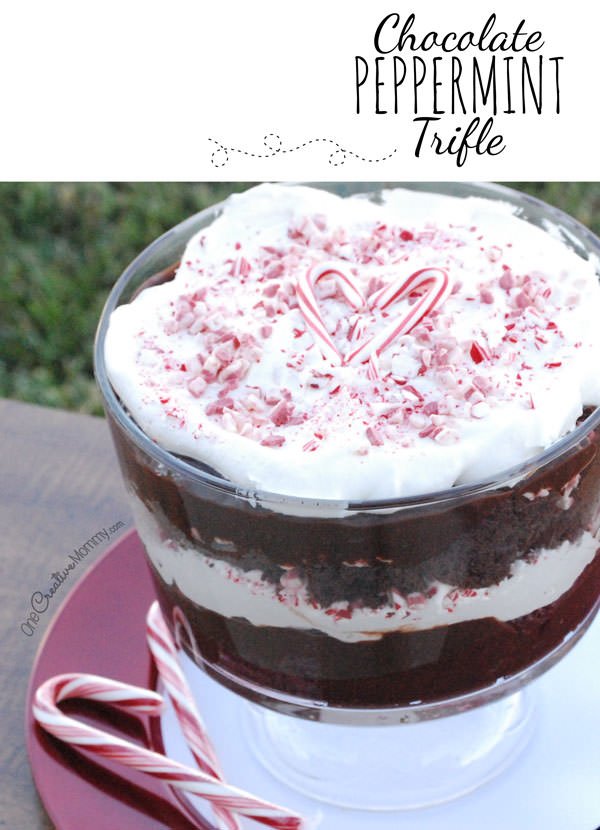 Easy Holiday Chocolate Peppermint Trifle Recipe {Use your favorite cake mix, candy canes and Andes Peppermint Crunch Baking Bits for this quick Christmas dessert} OneCreativeMommy.com