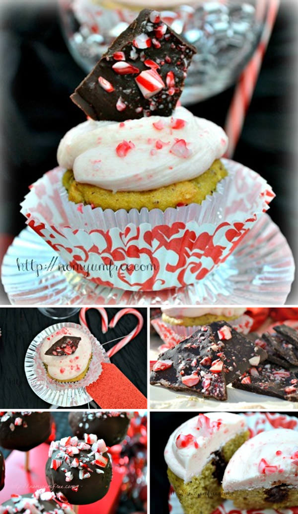 Peppermint Candy Cane Bark is the star in these Gluten Free Peppermint Cupcakes filled with Peppermint Ganache {Yummy Christmas Dessert Recipe for the holidays!}
