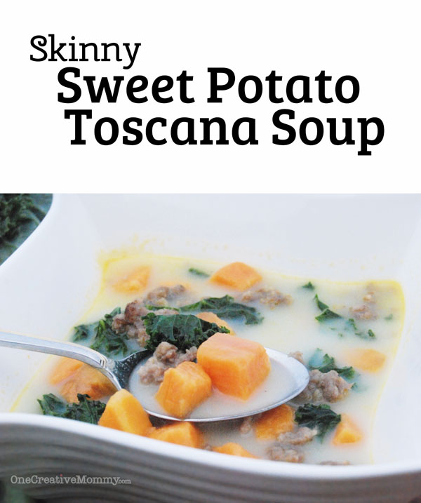 Skinny Sweet Potato Toscana Soup -- If you like Zuppa Toscana, check out this lighter version with a sweet potato twist. Tasty with Kale, Swiss Chard, or Spinach {OneCreativeMommy.com} Gluten Free Soup Recipe