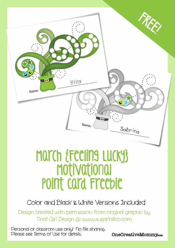 Motivational Point Cards for Kids {Feeling Lucky March Freebie} St. Patrick's Day Printable from OneCreativeMommy.com