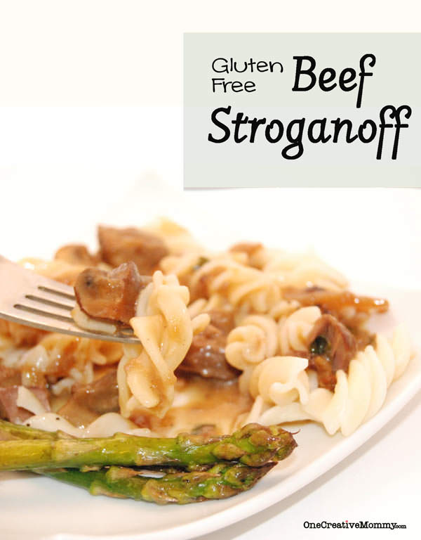 Easily Gluten-Free Beef Stroganoff from OneCreativeMommy.com {The dijon mustard in the sauce makes this soooo yummy!}