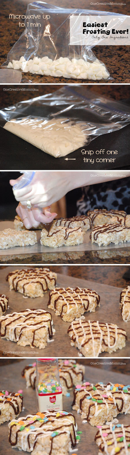 Quick and Easy Frosted Rice Krispie Treats--Easy method for turning chocolate (or any flavor chip) into fast frosting. (Gluten Free Option) {OneCreativeMommy.com}