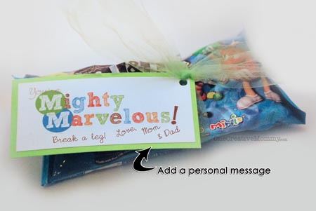 You're Mighty Marvelous M&M Gift Tags {Perfect for gymnastics meets, the first or last game of the season, opening night of the school play, or any other time someone needs a pick me up!} Free Download from OneCreativeMommy.com