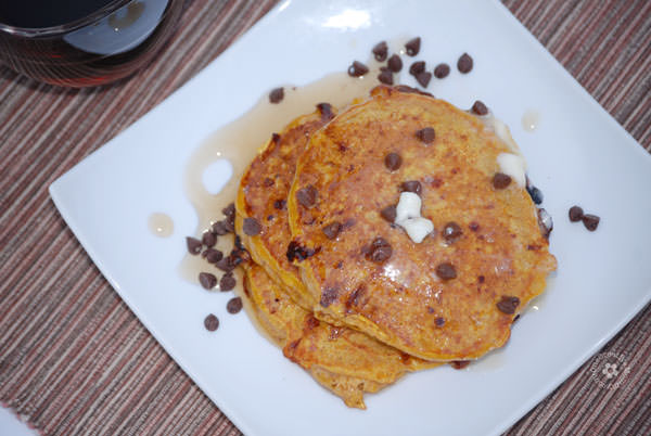 Gluten Free Pumpkin Pancakes with Chocolate Chips {My kiddos love to eat this gluten-free breakfast for dinner! Cottage cheese makes them high in protein.} OneCreativeMommy.com
