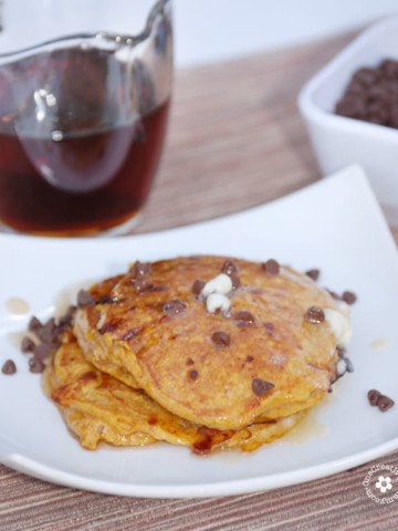 Gluten Free Pumpkin Pancakes with Chocolate Chips {My kiddos love to eat this gluten-free breakfast for dinner! Cottage cheese makes them high in protein.} OneCreativeMommy.com