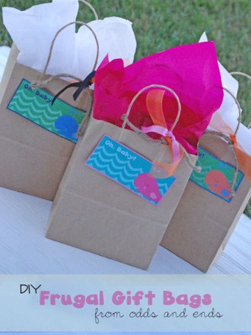 Easy Gift Bags from Recycled Materials--Forgot to get a gift bag? Check out these easy tips for making your own, and download free bag toppers from OneCreativeMommy.com.