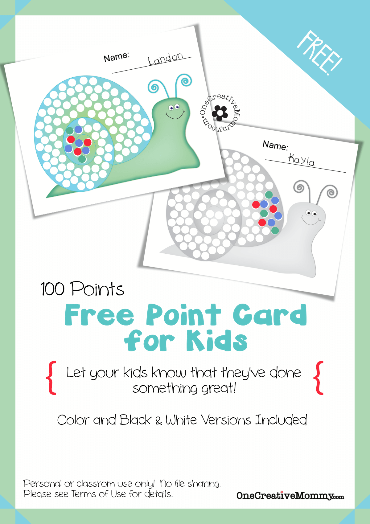 Point cards are perfect for motivating kids and keeping track of their successes. {Visit OneCreativeMommy.com to download the newest free design: 100-Point Snail Point Card for Kids}