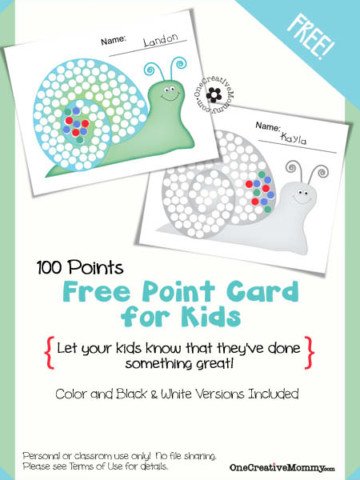 Point cards are perfect for motivating kids and keeping track of their successes. {Visit OneCreativeMommy.com to download the newest free design: 100-Point Snail Point Card for Kids}