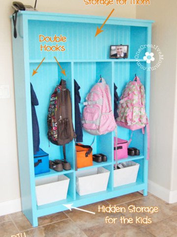 DIY Storage Lockers for Kids -- No Mudroom? No problem! {OneCreativeMommy.com}
