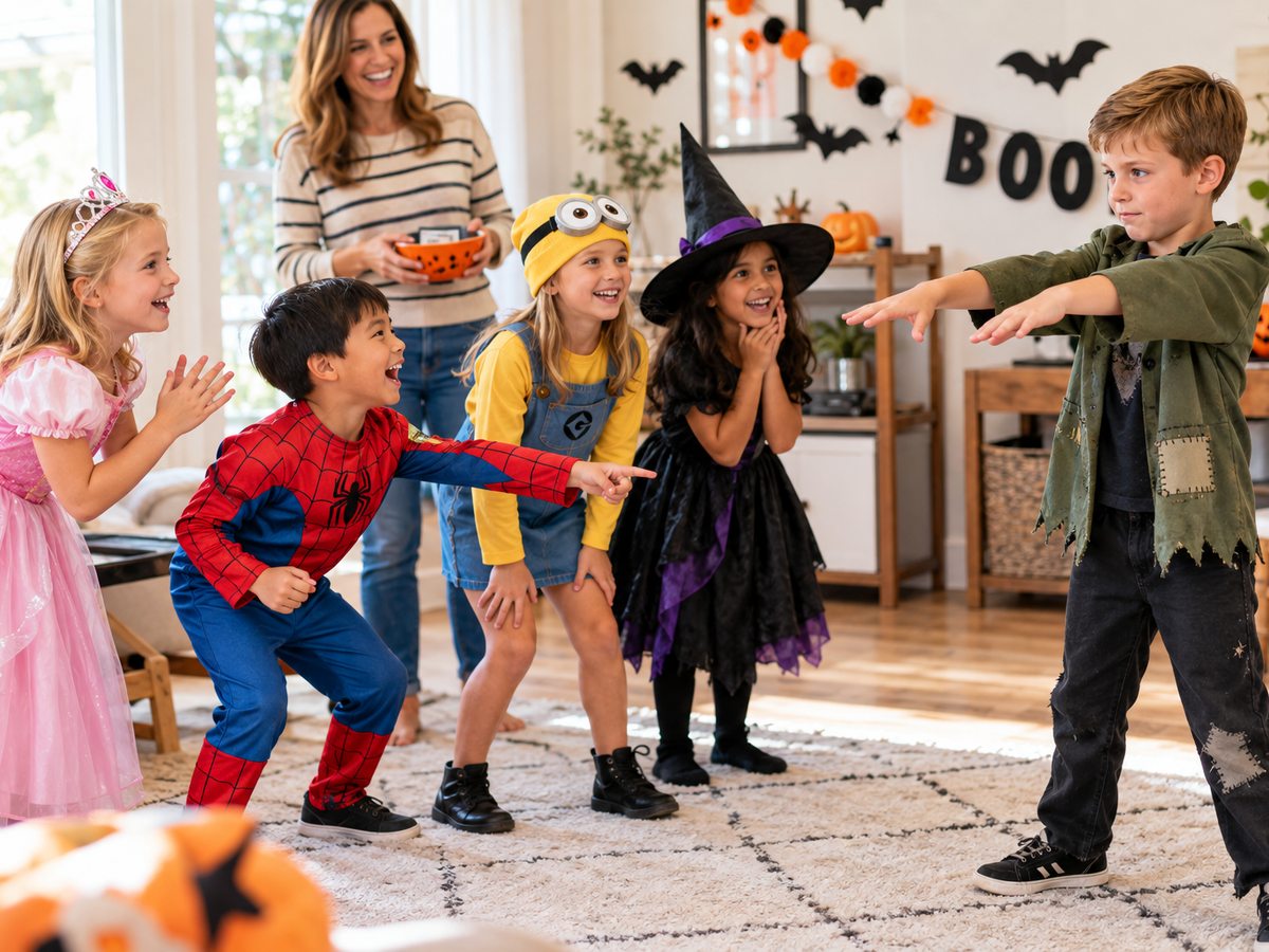 Kids dressed as a princess, Spider-Man, Minion, and witch guessing Halloween charades while a boy acts like Frankenstein's monster.