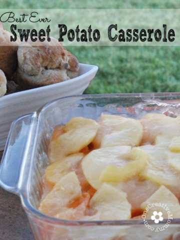 Best Ever Sweet Potato Casserole--Perfect for Thanksgiving! The surprisingly tangy/sweet flavor of the apples with the sweet potatoes is a hit every time I serve this dish! {OneCreativeMommy.com} #thanksgiving #glutenfree #sweetpotatocasserole