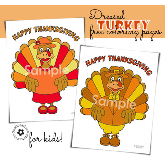 Free Thanksgiving coloring pages--While you are in the kitchen preparing TURKEY WITH DRESSING, why not let the kiddos make some DRESSED TURKEYS? {OneCreativeMommy.com}